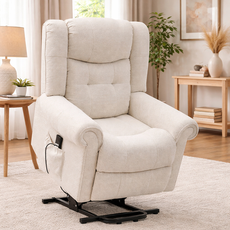 Chenille powerlift fauteuil voor ouderen met vibratiemassage en warmte