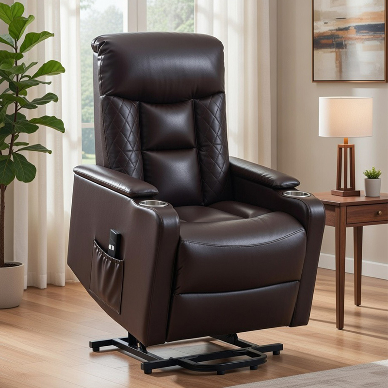 Ademende leren stoelen voor thuisbioscopen. Elektrisch verstelbare fauteuil met bekerhouders voor ouderen