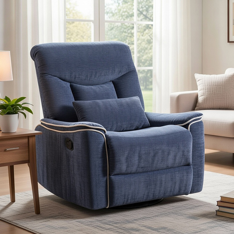 Handmatige chenille fauteuil met grote brede zitting, draaiknop en schommel 