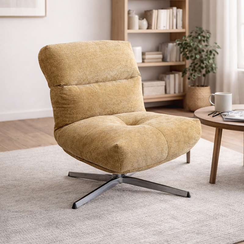 Moderne stoffen draaibare woonkamerstoel, luxe metalen frame, enkele loungefauteuil, woonkamermeubilair