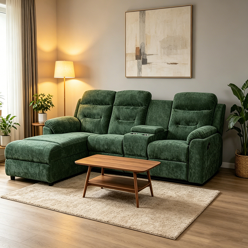3-persoons groene handmatig verstelbare chaise sectionele met opbergconsole
